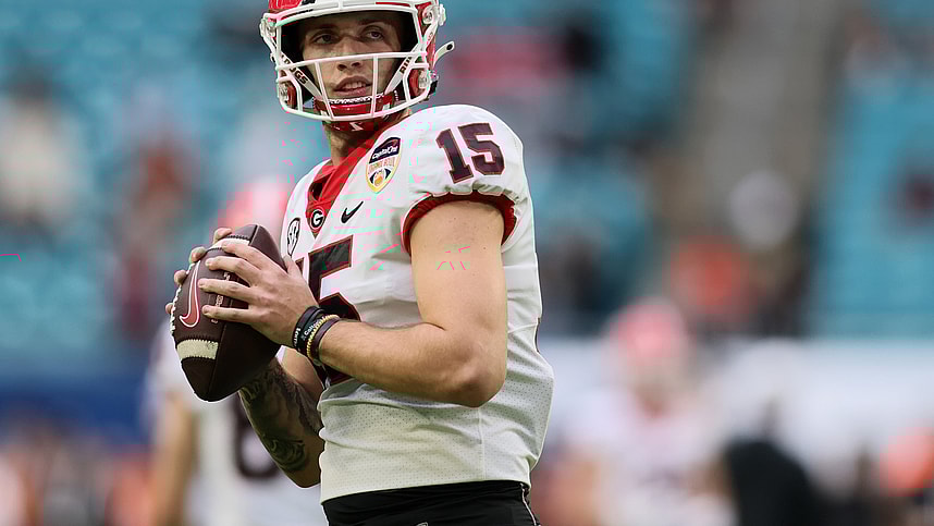 Dec 30, 2023; Miami Gardens, FL, USA; Georgia Bulldogs quarterback Carson Beck (New York Giants prospect) (15) practices before the game against the Florida State Seminoles for the 2023 Orange Bowl at Hard Rock Stadium. Mandatory Credit: Sam Navarro-USA TODAY Sports