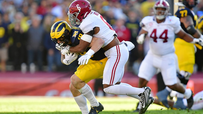 Jan 1, 2024; Pasadena, CA, USA; Michigan Wolverines tight end Colston Loveland (18) makes a catch against Alabama Crimson Tide defensive back Jaylen Key (6)(New York Jets) in the second quarter in the 2024 Rose Bowl college football playoff semifinal game at Rose Bowl. Mandatory Credit: Gary A. Vasquez-USA TODAY Sports