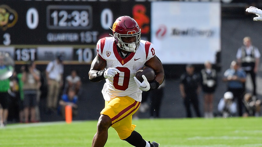 Sep 30, 2023; Boulder, Colorado, USA; USC Trojans running back MarShawn Lloyd (New York Giants draft target) (0) turns it up field on the way for a touchdown in the first quarter against the Colorado Buffaloes at Folsom Field. Mandatory Credit: John Leyba-USA TODAY Sports