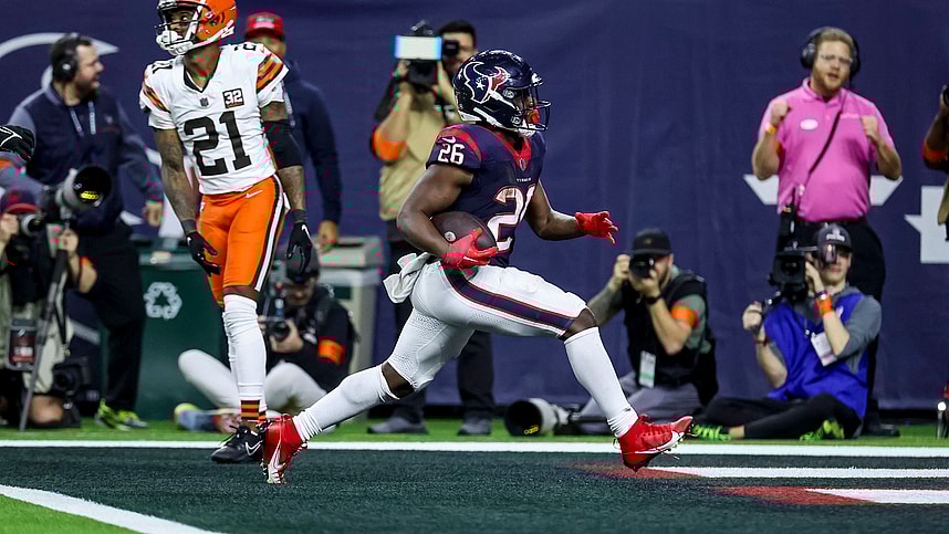 Jan 13, 2024; Houston, Texas, USA; Houston Texans running back Devin Singletary (New York Giants)(26) scores a touchdown during the fourth quarter in a 2024 AFC wild card game at NRG Stadium. Mandatory Credit: Troy Taormina-USA TODAY Sports