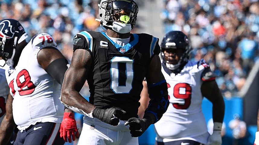 Oct 29, 2023; Charlotte, North Carolina, USA; Carolina Panthers linebacker Brian Burns (0) react after a sack in the second quarter at Bank of America Stadium. Mandatory Credit: Bob Donnan-USA TODAY Sports