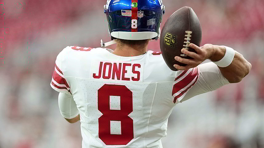 Sep 17, 2023; Glendale, Arizona, USA; New York Giants quarterback Daniel Jones (8) warms up prior to facing the Arizona Cardinals at State Farm Stadium. Mandatory Credit: Joe Camporeale-USA TODAY Sports