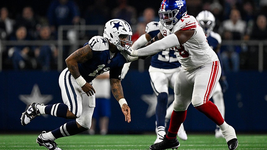 Nov 24, 2022; Arlington, Texas, USA; Dallas Cowboys linebacker Micah Parsons (11) and New York Giants offensive tackle Andrew Thomas (78) in action during the game between the Dallas Cowboys and the New York Giants at AT&T Stadium. Mandatory Credit: Jerome Miron-USA TODAY Sports