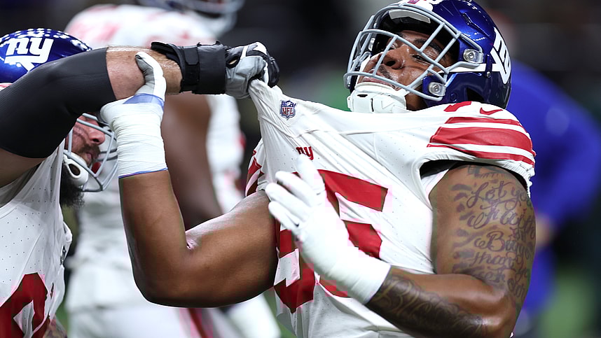 Dec 17, 2023; New Orleans, Louisiana, USA; New York Giants defensive tackle Jordon Riley (95) warms up before the game against the New Orleans Saints at Caesars Superdome. Mandatory Credit: Stephen Lew-USA TODAY Sports