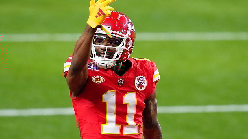 Feb 11, 2024; Paradise, Nevada, USA; Kansas City Chiefs wide receiver Marquez Valdes-Scantling (New York Jets target) (11) celebrates a touchdown catch against the San Francisco 49ers in the second half in Super Bowl LVIII at Allegiant Stadium. Mandatory Credit: Stephen R. Sylvanie-USA TODAY Sports