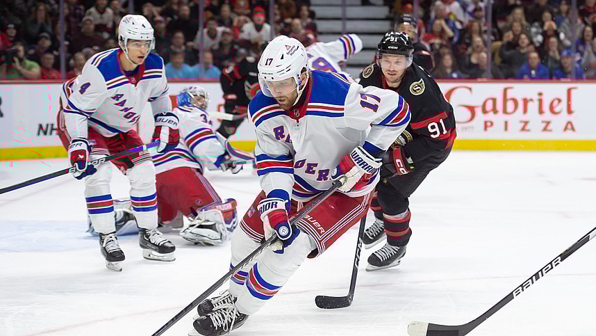 Jan 27, 2024; Ottawa, Ontario, CAN; New York Rangers right wing Blake Wheeler (17) skates with the puck in the first period against the Ottawa Senators at the Canadian Tire Centre. Mandatory Credit: Marc DesRosiers-USA TODAY Sports