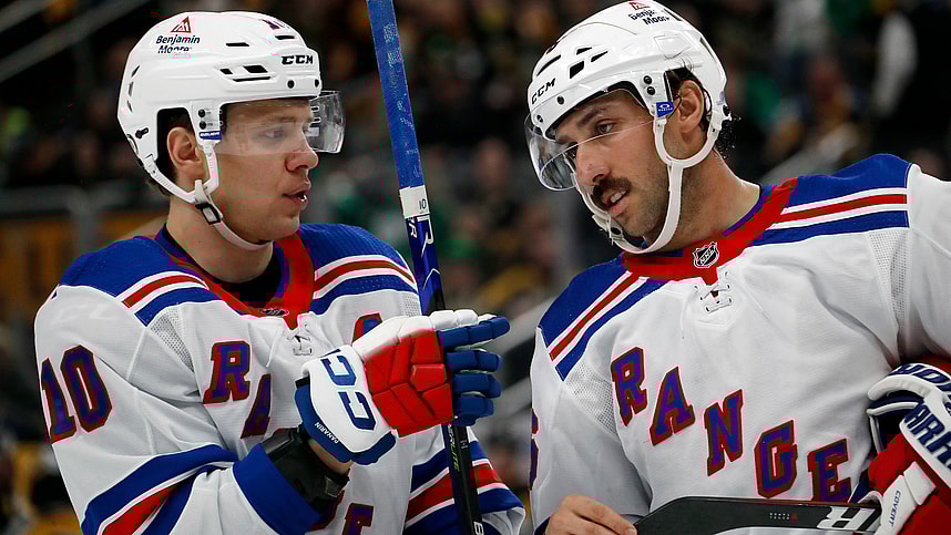 Mar 16, 2024; Pittsburgh, Pennsylvania, USA;  New York Rangers left wing Artemi Panarin (10) talks to center Vincent Trocheck (16) against the Pittsburgh Penguins during the second period at PPG Paints Arena. Mandatory Credit: Charles LeClaire-USA TODAY Sports