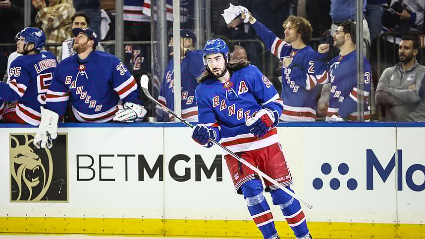 May 5, 2024; New York, New York, USA; New York Rangers center Mika Zibanejad (93) celebrates after scoring his second goal of the game in the first period against the Carolina Hurricanes in game one of the second round of the 2024 Stanley Cup Playoffs at Madison Square Garden. Mandatory Credit: Wendell Cruz-USA TODAY Sports