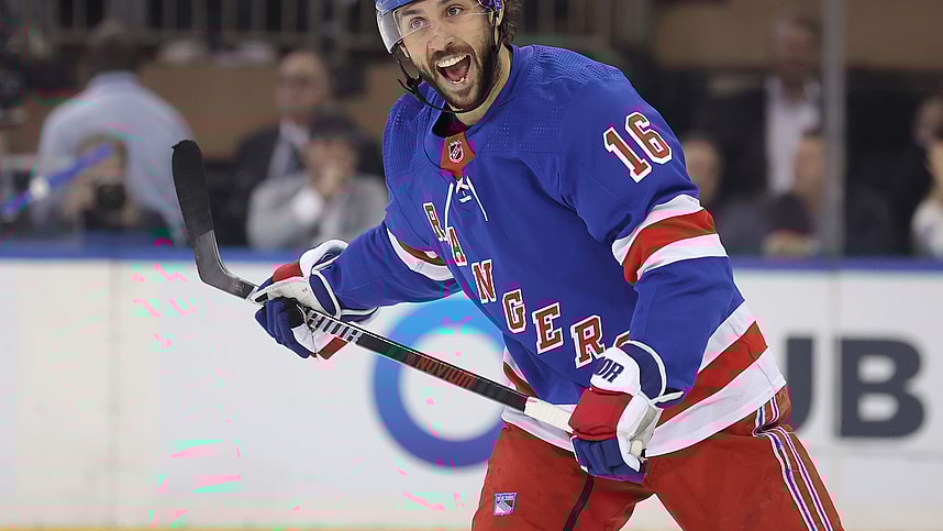 May 7, 2024; New York, New York, USA; New York Rangers center Vincent Trocheck (16) reacts during the first period of game two of the second round of the 2024 Stanley Cup Playoffs against the Carolina Hurricanes at Madison Square Garden. Mandatory Credit: Brad Penner-USA TODAY Sports