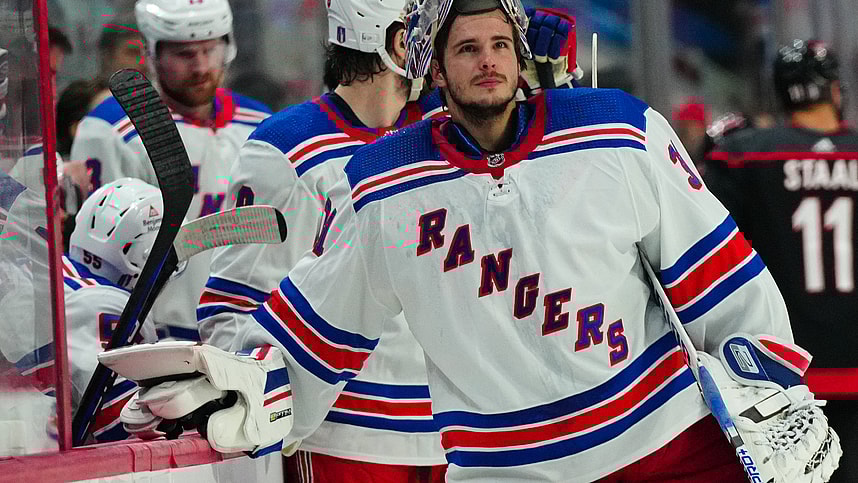 May 9, 2024; Raleigh, North Carolina, USA; New York Rangers goaltender Igor Shesterkin (31) looks on against the Carolina Hurricanes during the first period in game three of the second round of the 2024 Stanley Cup Playoffs at PNC Arena. Mandatory Credit: James Guillory-USA TODAY Sports