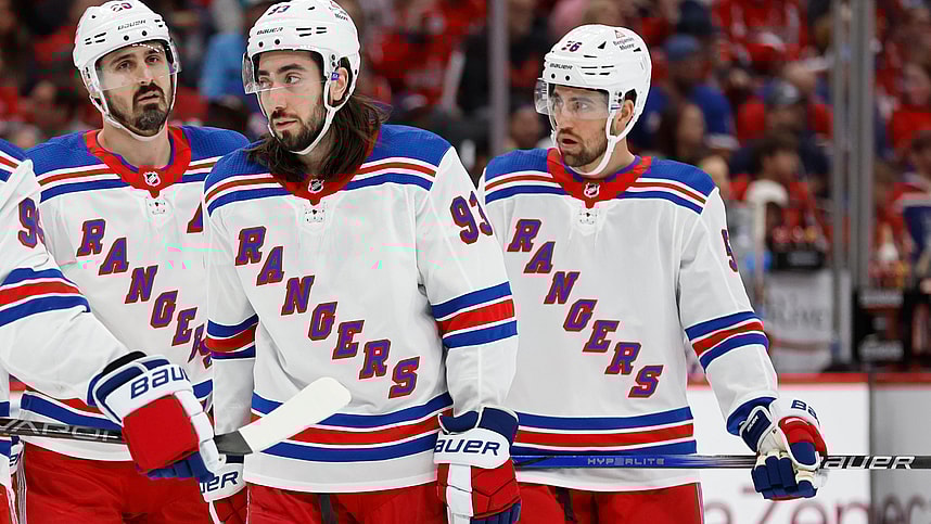 Apr 26, 2024; Washington, District of Columbia, USA; New York Rangers center Mika Zibanejad (93), Rangers left wing Chris Kreider (20), and Rangers defenseman Erik Gustafsson (56) stand on the ice during a stoppage in play against the Washington Capitals in the second period in game three of the first round of the 2024 Stanley Cup Playoffs at Capital One Arena. Mandatory Credit: Geoff Burke-USA TODAY Sports