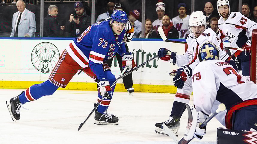 Apr 21, 2024; New York, New York, USA; New York Rangers center Matt Rempe (73) scores a goal in the second period against the Washington Capitals in game one of the first round of the 2024 Stanley Cup Playoffs at Madison Square Garden. Mandatory Credit: Wendell Cruz-USA TODAY Sports