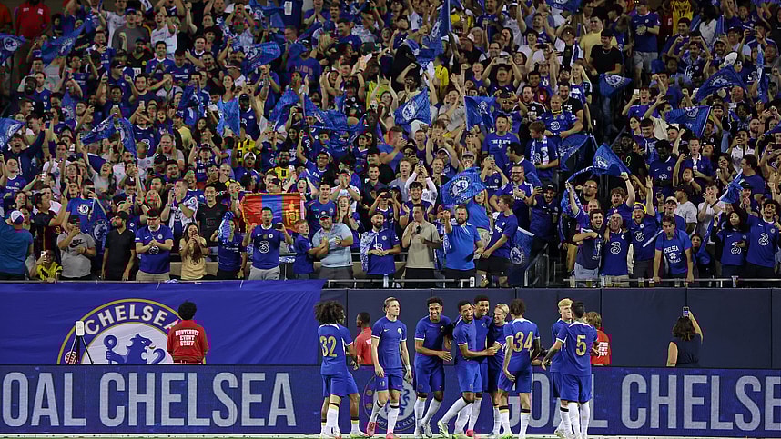 Aug 2, 2023; Chicago, Illinois, USA; Chelsea celebrate after forward Mason Burstow (48) scored a goal against Borussia Dortmund during the second half at Soldier Field. Mandatory Credit: Jon Durr-USA TODAY Sports