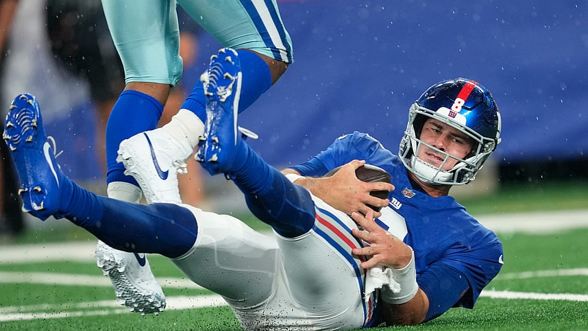 New York Giants quarterback Daniel Jones (8), is shown on the ground after being sacked by Dallas Cowboys linebacker Micah Parsons (not shown) in the first quarter. Sunday, September 10, 2023 Credit:Kevin R. Wexler/NorthJersey.com / USA TODAY NETWORK