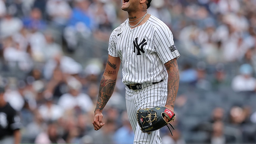 May 18, 2024; Bronx, New York, USA; New York Yankees starting pitcher Luis Gil (81) reacts after the final out in the top of the sixth inning against the Chicago White Sox at Yankee Stadium. Mandatory Credit: Brad Penner-USA TODAY Sports