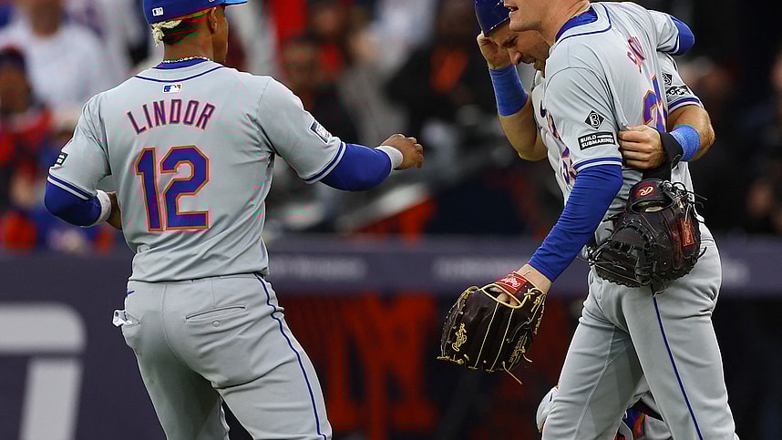 [US, Mexico & Canada customers only] June 9, 2024; London, UNITED KINGDOM;  New York Mets players Drew Smith, Luis Torrens and Francisco Lindor celebrate after defeating the Philadelphia Phillies during a London Series baseball game at Queen Elizabeth Olympic Park. Mandatory Credit: Matthew Childs/Reuters via USA TODAY Sports
