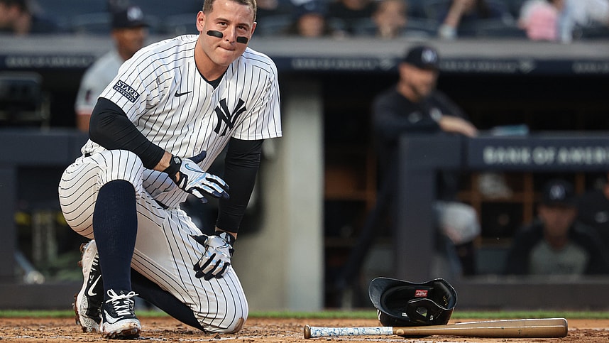 Jun 6, 2024; Bronx, New York, USA; New York Yankees first baseman Anthony Rizzo (48) reacts after being hit by a foul ball during the third inning against the Minnesota Twins at Yankee Stadium. Mandatory Credit: Vincent Carchietta-USA TODAY Sports