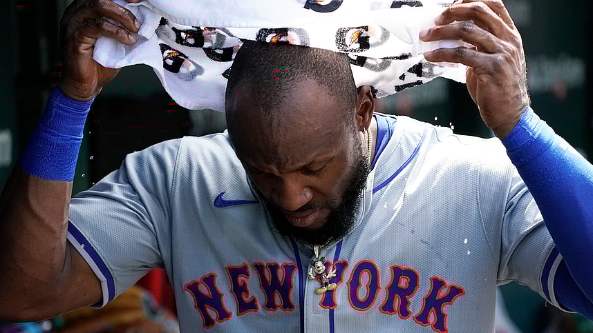 Jun 21, 2024; Chicago, Illinois, USA; New York Mets outfielder Starling Marte (6) cools off in the dugout against the Chicago Cubs during the seventh inning at Wrigley Field. Mandatory Credit: David Banks-USA TODAY Sports