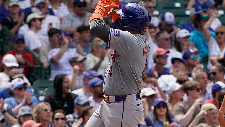 Jun 22, 2024; Chicago, Illinois, USA; New York Mets catcher Francisco Alvarez (4) gestures after hitting a home run against the Chicago Cubs during the fifth inning at Wrigley Field. Mandatory Credit: David Banks-USA TODAY Sports