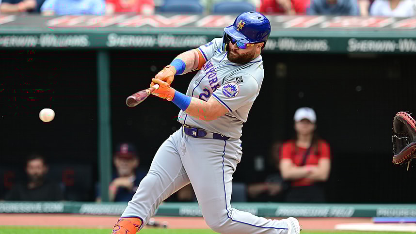 May 22, 2024; Cleveland, Ohio, USA; New York Mets right fielder DJ Stewart (29) hits a single during the first inning against the Cleveland Guardians at Progressive Field. Mandatory Credit: Ken Blaze-USA TODAY Sports