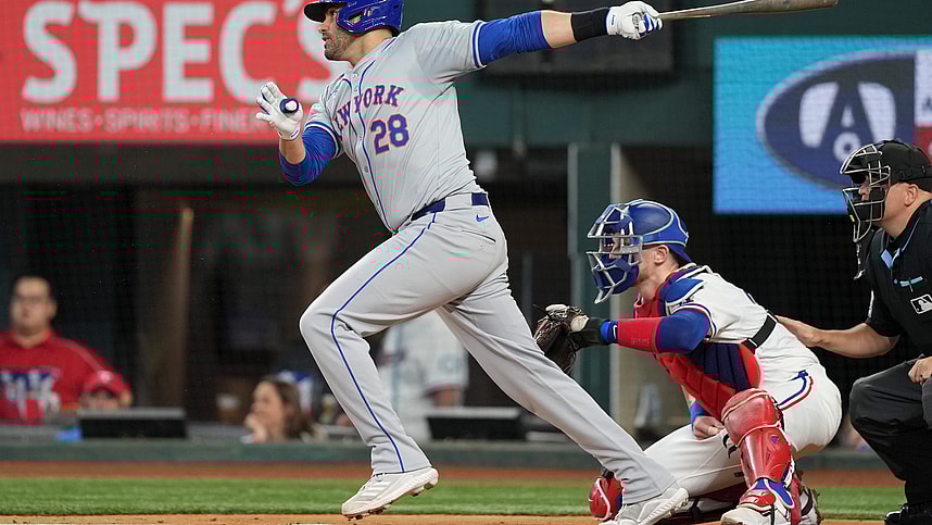 Jun 17, 2024; Arlington, Texas, USA; New York Mets designated hitter J.D. Martinez (28) follows through on his single against the Texas Rangers during the first inning at Globe Life Field. Mandatory Credit: Jim Cowsert-USA TODAY Sports