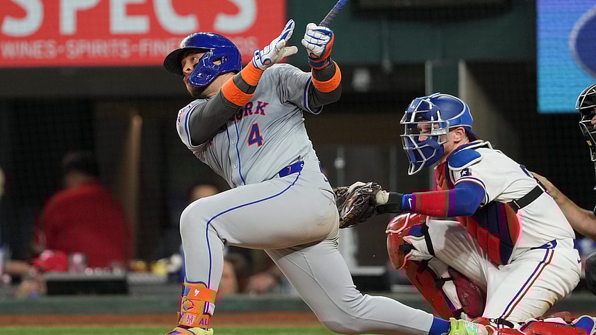 Jun 17, 2024; Arlington, Texas, USA; New York Mets catcher Francisco Alvarez (4) follows through on his RBI single against the Texas Rangers during the sixth inning at Globe Life Field. Mandatory Credit: Jim Cowsert-USA TODAY Sports