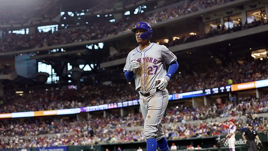 Jun 18, 2024; Arlington, Texas, USA;  New York Mets third base Mark Vientos (27) walks back to the dugout after scoring a run in the fifth inning against the Texas Rangers at Globe Life Field. Mandatory Credit: Tim Heitman-USA TODAY Sports