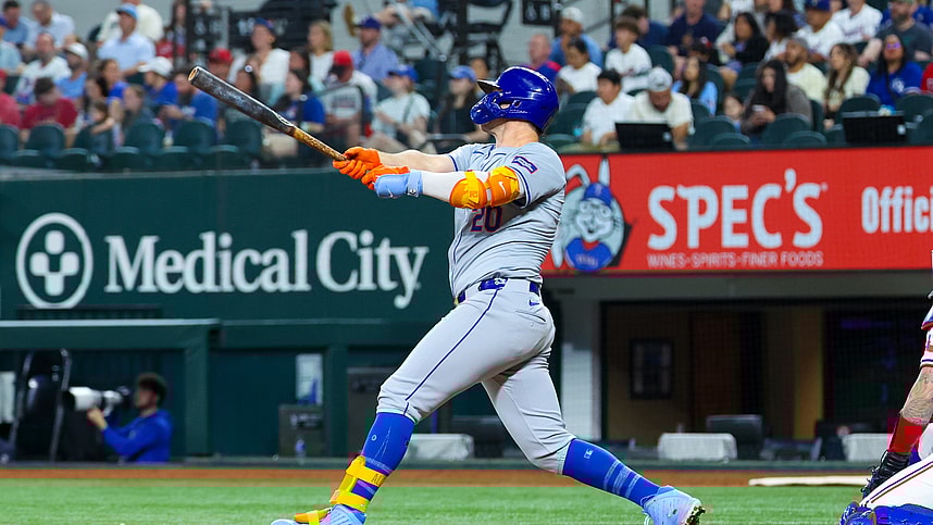 Jun 19, 2024; Arlington, Texas, USA; New York Mets first baseman Pete Alonso (20) hits a two-run home run during the sixth inning against the Texas Rangers at Globe Life Field. Mandatory Credit: Kevin Jairaj-USA TODAY Sports