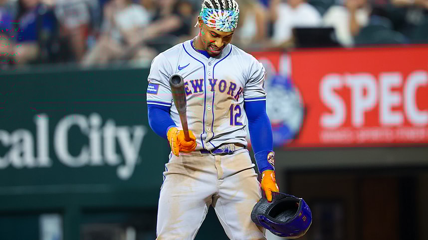Jun 19, 2024; Arlington, Texas, USA; New York Mets shortstop Francisco Lindor (12) reacts after striking out during the seventh inning against the Texas Rangers at Globe Life Field. Mandatory Credit: Kevin Jairaj-USA TODAY Sports