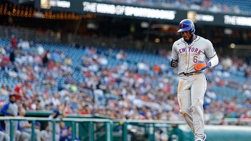 Jun 3, 2024; Washington, District of Columbia, USA; New York Mets outfielder Starling Marte (6) scores a run on a sacrifice fly by Mets outfielder Harrison Bader (not pictured) against the Washington Nationals during the second inning at Nationals Park. Mandatory Credit: Geoff Burke-USA TODAY Sports