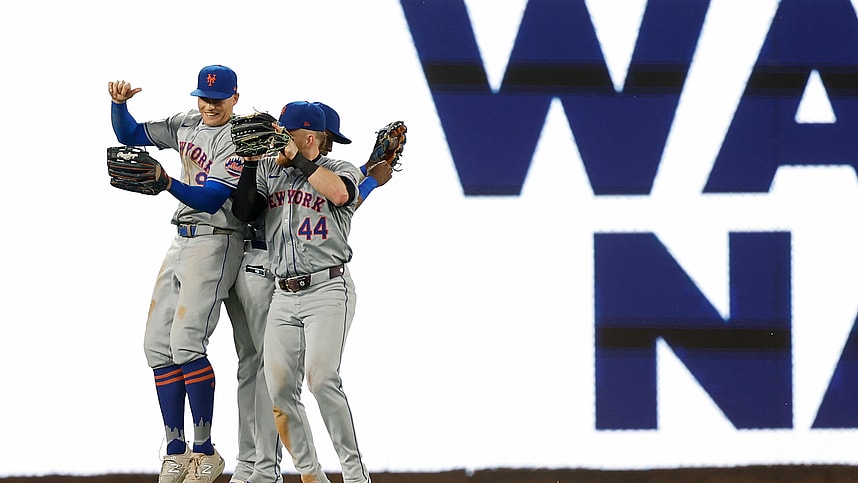 Jun 4, 2024; Washington, District of Columbia, USA; New York Mets outfielder Brandon Nimmo (9) Mets outfielder Harrison Bader (44), and Mets outfielder Starling Marte (6) celebrate after their game against the Washington Nationals at Nationals Park. Mandatory Credit: Geoff Burke-USA TODAY Sports