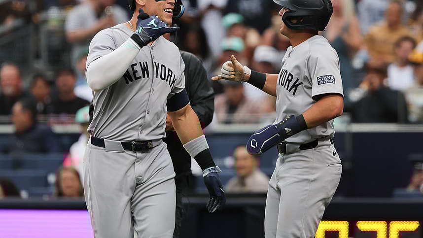 May 25, 2024; San Diego, California, USA; New York Yankees center fielder Aaron Judge (99)celebrates with shortstop Anthony Volpe (11) after a two run home run in the first inning against the San Diego Padres at Petco Park. Mandatory Credit: Chadd Cady-USA TODAY Sports