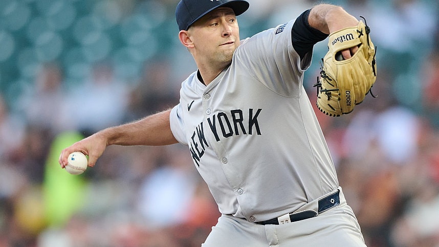 Jun 1, 2024; San Francisco, California, USA; New York Yankees starting pitcher Cody Poteet (72) throws a pitch against the San Francisco Giants during the first inning at Oracle Park. Mandatory Credit: Robert Edwards-USA TODAY Sports