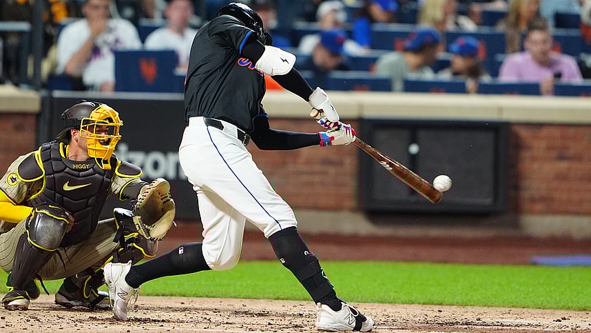 Jun 14, 2024; New York City, New York, USA; New York Mets left fielder Brandon Nimmo (9) hits a single against the San Diego Padres during the third inning at Citi Field. Mandatory Credit: Gregory Fisher-USA TODAY Sports