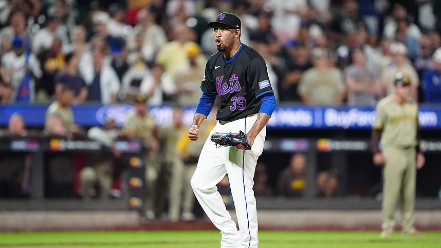 Jun 14, 2024; New York City, New York, USA; New York Mets pitcher Edwin Diaz (39) reacts to striking out the last batter during the ninth inning against the San Diego Padres at Citi Field. Mandatory Credit: Gregory Fisher-USA TODAY Sports