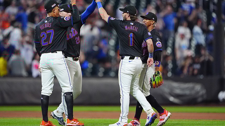 Jun 14, 2024; New York City, New York, USA; New York Mets third baseman Mark Vientos (27) and second baseman Jeff McNeil (1) and shortstop Francisco Lindor (12) and first baseman Pete Alonso (20) celebrate the victory together after the ninth inning against the San Diego Padres at Citi Field. Mandatory Credit: Gregory Fisher-USA TODAY Sports
