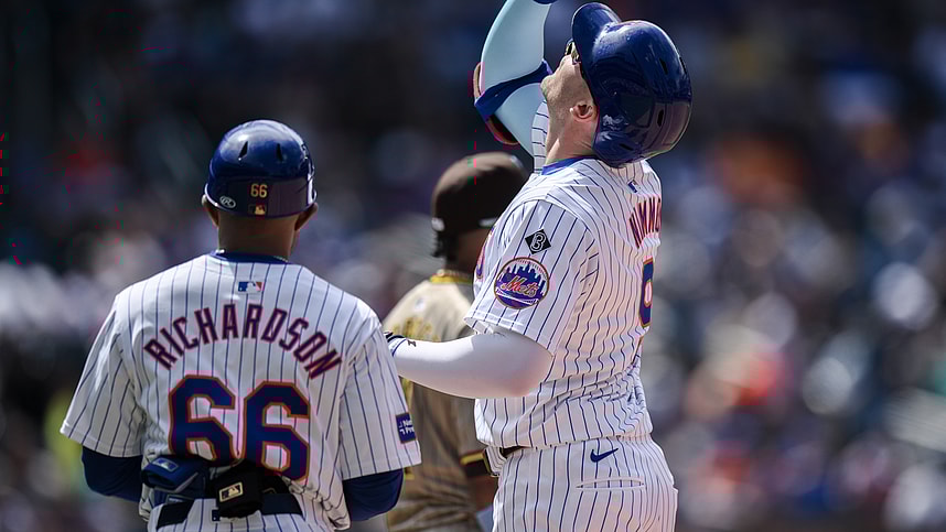 Jun 16, 2024; New York City, New York, USA; New York Mets outfielder Brandon Nimmo (9) reacts after hitting a single against the San Diego Padres during the fourth inning at Citi Field. Mandatory Credit: John Jones-USA TODAY Sports