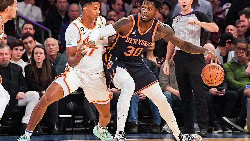 Dec 7, 2022; New York, New York, USA; New York Knicks forward Julius Randle (30) dribbles the ball defended by Atlanta Hawks guard Jarrett Culver (7) during the first quarter at Madison Square Garden. Mandatory Credit: Dennis Schneidler-USA TODAY Sports