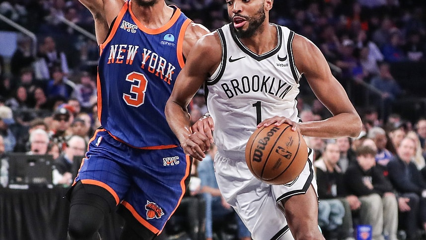 Mar 23, 2024; New York, New York, USA;  Brooklyn Nets forward Mikal Bridges (1) looks to drive past New York Knicks guard Josh Hart (3) in the second quarter at Madison Square Garden. Mandatory Credit: Wendell Cruz-USA TODAY Sports
