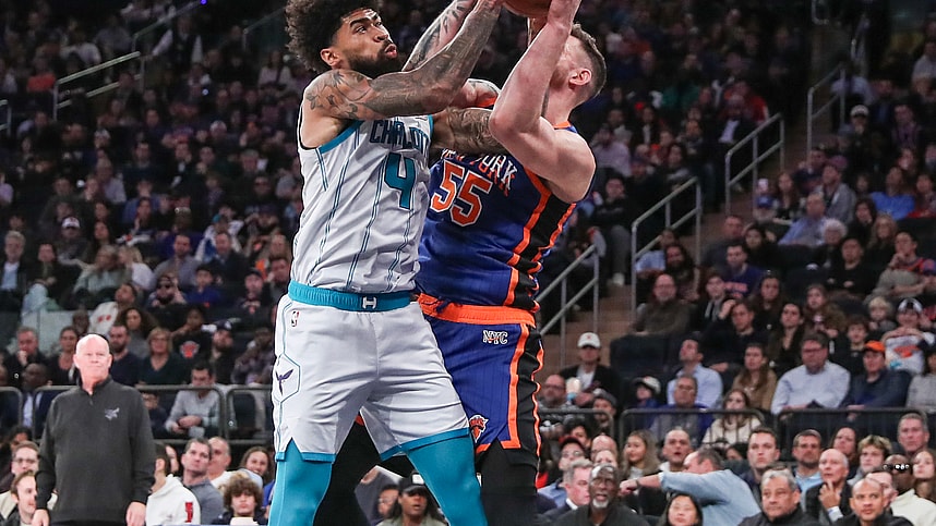 Nov 12, 2023; New York, New York, USA; Charlotte Hornets center Nick Richards (4) and New York Knicks center Isaiah Hartenstein (55) fight for a rebound in the third quarter at Madison Square Garden. Mandatory Credit: Wendell Cruz-USA TODAY Sports
