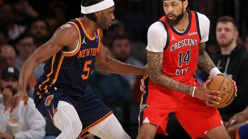 Feb 27, 2024; New York, New York, USA; New Orleans Pelicans forward Brandon Ingram (14) controls the ball against New York Knicks forward Precious Achiuwa (5) during the second quarter at Madison Square Garden. Mandatory Credit: Brad Penner-USA TODAY Sports