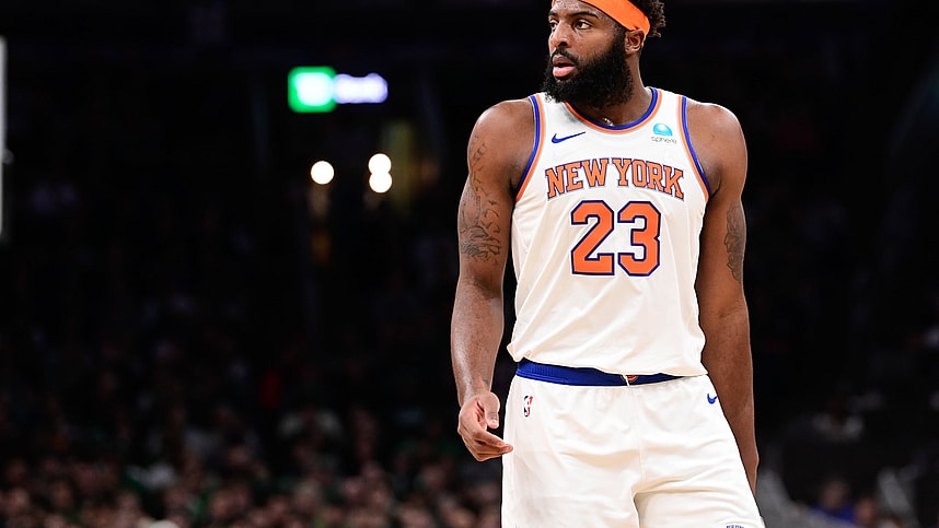 Dec 8, 2023; Boston, Massachusetts, USA; New York Knicks center Mitchell Robinson (23) looks on during the first half against the Boston Celtics at TD Garden. Mandatory Credit: Eric Canha-USA TODAY Sports