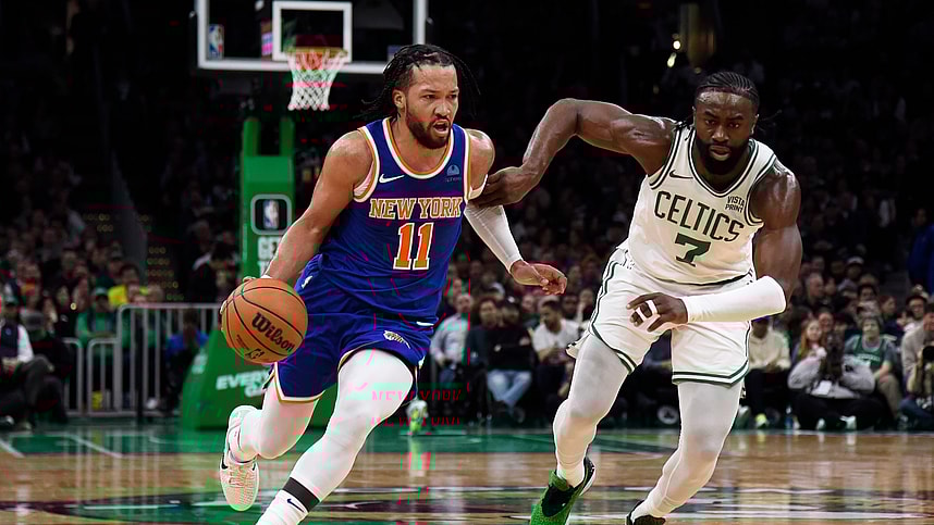 Apr 11, 2024; Boston, Massachusetts, USA; New York Knicks guard Jalen Brunson (11) controls the ball while Boston Celtics guard Jaylen Brown (7) defends during the first half at TD Garden. Mandatory Credit: Bob DeChiara-USA TODAY Sports