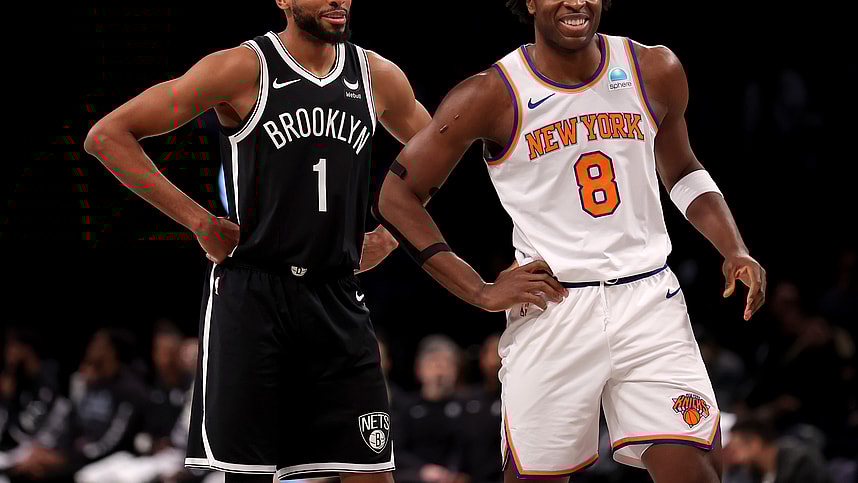 Jan 23, 2024; Brooklyn, New York, USA; Brooklyn Nets forward Mikal Bridges (1) talks to New York Knicks forward OG Anunoby (8) during the first quarter at Barclays Center. Mandatory Credit: Brad Penner-USA TODAY Sports