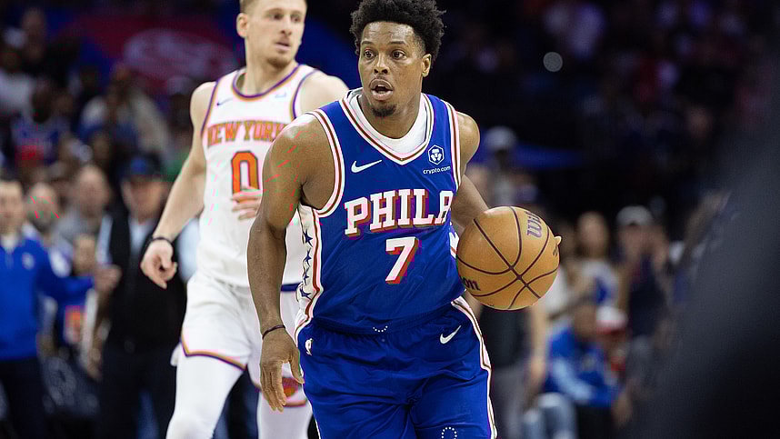 May 2, 2024; Philadelphia, Pennsylvania, USA; Philadelphia 76ers guard Kyle Lowry (7) controls the ball against the New York Knicks during the second half of game six of the first round for the 2024 NBA playoffs at Wells Fargo Center. Mandatory Credit: Bill Streicher-USA TODAY Sports