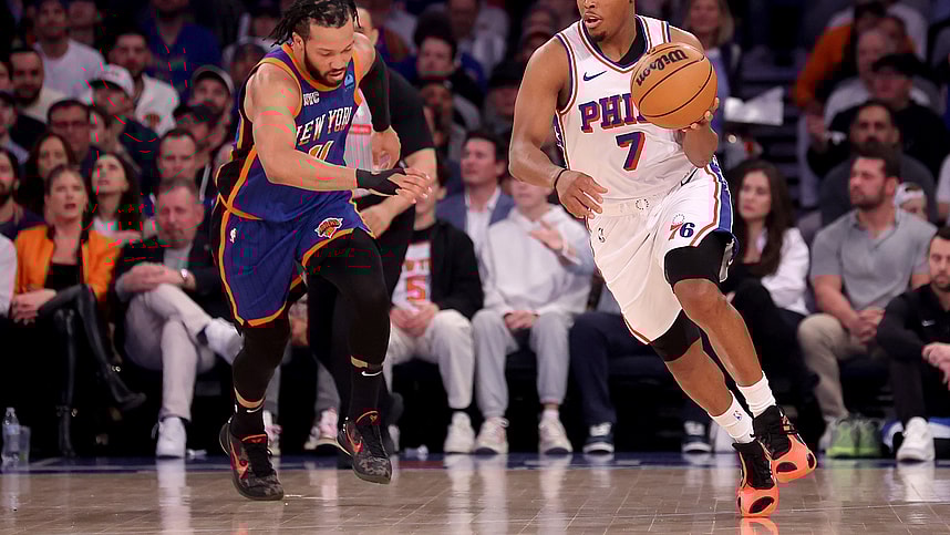 Apr 30, 2024; New York, New York, USA; Philadelphia 76ers guard Kyle Lowry (7) brings the ball up court against New York Knicks guard Jalen Brunson (11) during the first quarter of game 5 of the first round of the 2024 NBA playoffs at Madison Square Garden. Mandatory Credit: Brad Penner-USA TODAY Sports