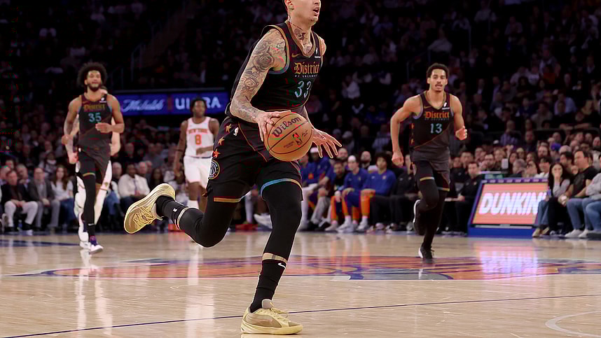Jan 18, 2024; New York, New York, USA; Washington Wizards forward Kyle Kuzma (33) drives to the basket against the New York Knicks during the third quarter at Madison Square Garden. Mandatory Credit: Brad Penner-USA TODAY Sports