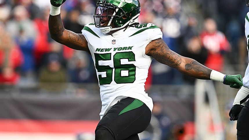Nov 20, 2022; Foxborough, Massachusetts, USA; New York Jets linebacker Quincy Williams (56) reacts after a sack against the New England Patriots during the first half at Gillette Stadium. Mandatory Credit: Brian Fluharty-USA TODAY Sports