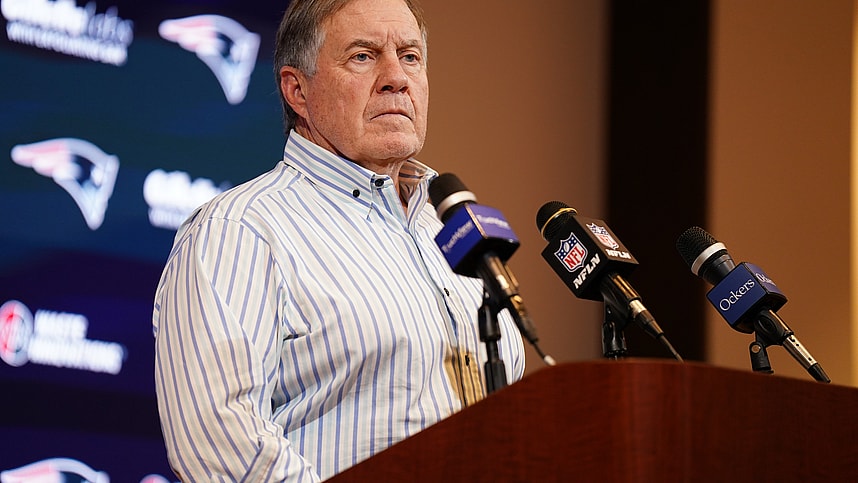 Jan 7, 2024; Foxborough, Massachusetts, USA; New England Patriots head coach Bill Belichick talks to reporters after the game against the New York Jets at Gillette Stadium. Mandatory Credit: David Butler II-USA TODAY Sports