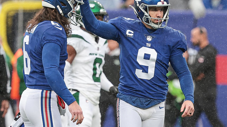 Oct 29, 2023; East Rutherford, New Jersey, USA; New York Giants place kicker Graham Gano (9) celebrates his field goal with punter Jamie Gillan (6) during the first half against the New York Jets at MetLife Stadium. Mandatory Credit: Vincent Carchietta-USA TODAY Sports